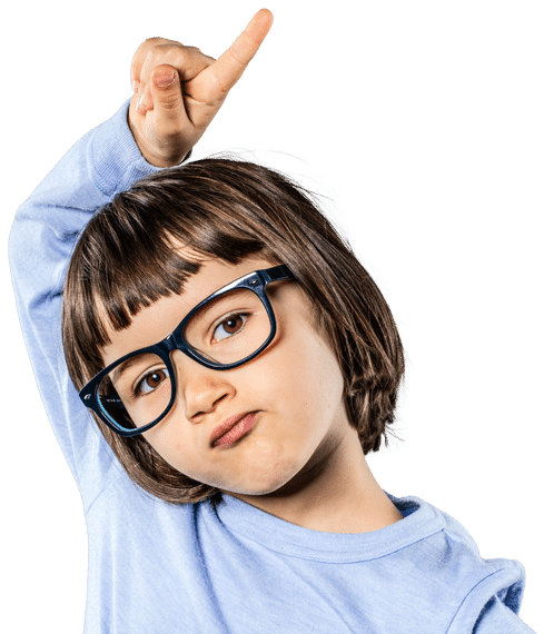 Alano Power's Education Technology page photo of a little girl in a blue top wearing glasses, pointing up toward the Alano logo