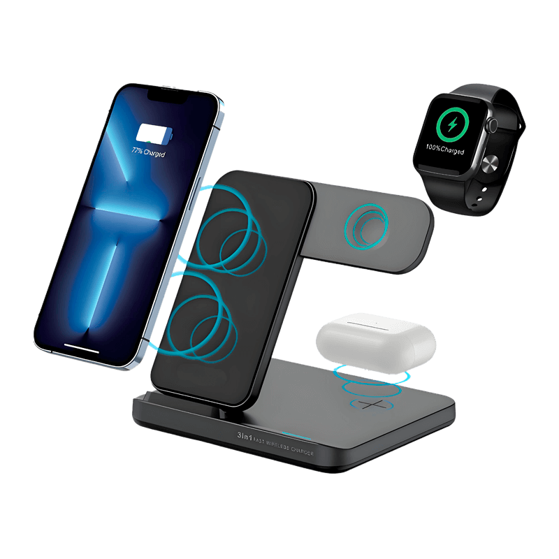 Alano Power's Education Technology page photo a wireless charging device with Apple watch, Apple iPhone and Apple Headphones