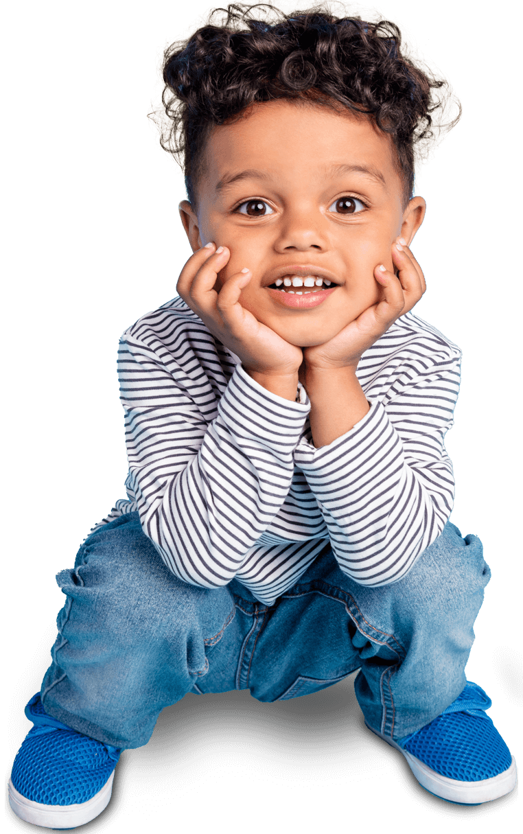 Alano Power's electronics manufacturing page photo of a little boy squatting on the floor with his hands holding his face. He's wearing blue shoes, blue jeans and a blue stripped shirt.
